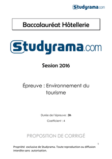Corrige BAC Hôtellerie Environnement du tourisme 2016