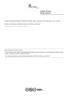 Psychopathologie différentielle des sexes. Évolution au cours des dernières décennies et bilan actuel  - article ; n°4 ; vol.33, pg 155-157
