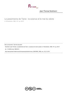 Le pessimisme de Taine : la science et le mal du siècle - article ; n°61 ; vol.18, pg 29-37