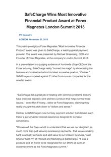 SafeCharge Wins Most Innovative Financial Product Award‏ at Forex Magnates London Summit 2013