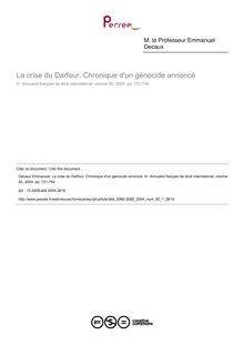 La crise du Darfour. Chronique d un génocide annoncé - article ; n°1 ; vol.50, pg 731-754