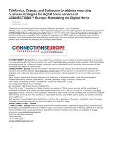 Telefonica, Orange, and Swisscom to address emerging business strategies for digital home services at CONNECTIONS™ Europe: Monetizing the Digital Home