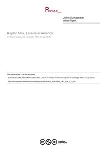 Kaplan Max, Leisure in America.  ; n°1 ; vol.2, pg 90-92
