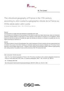 The viticultural geography of France in the 17th century according to John Locke//La géographie viticole de la France au XVIIe siècle selon John Locke - article ; n°614 ; vol.109, pg 395-414