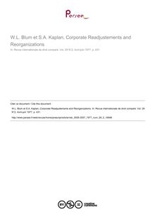 W.L. Blum et S.A. Kaplan, Corporate Readjustements and Reorganizations - note biblio ; n°2 ; vol.29, pg 431-431