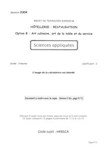 Sciences appliquées 2004 Art culinaire, art de la table et du service BTS Hôtellerie restauration