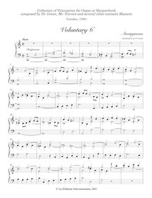 Partition Voluntary 6 en C major (Anonymous), Collection of Bénévoles pour orgue ou clavecin, composed by Dr. Green, Mr. Travers et several other eminent Masters