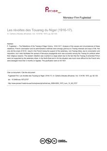 Les révoltes des Touareg du Niger (1916-17). - article ; n°49 ; vol.13, pg 82-120