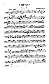 Partition violoncelle, quintette pour Piano et violon, viole de gambe, violoncelle et contrebasse par Franz Schubert