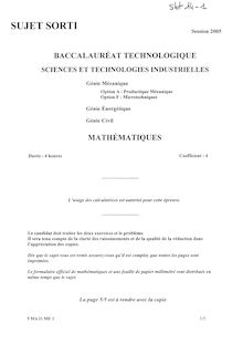 Baccalaureat 2005 mathematiques 1 s.t.i (genie mecanique)