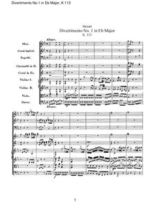 Partition complète, Divertimento, Divertimento No.1, E♭ major, Mozart, Wolfgang Amadeus