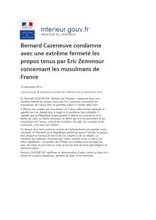 Bernard Cazeneuve condamne avec une extrême fermeté les propos tenus par Eric Zemmour 