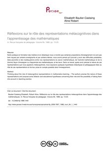 Réflexions sur le rôle des représentations métacognitives dans l apprentissage des mathématiques - article ; n°1 ; vol.84, pg 13-20