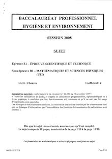 Mathématiques et sciences physiques 2008 Bac Pro - Hygiène et environnement