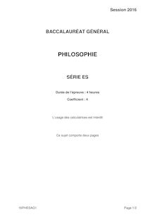 Bac 2016 sujet Philosophie ES