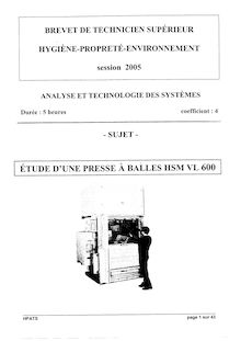 Analyse et technologie des systèmes 2005 BTS Hygiène propreté environnement