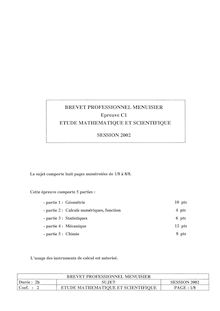 Etude mathématique et scientifique 2002 BP - Menuisier