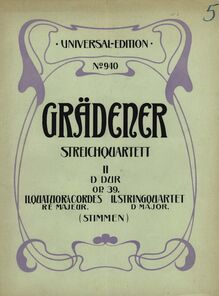 Partition couverture couleur, corde quatuor No.2, D major, Grädener, Hermann