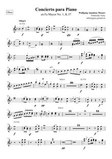 Partition hautbois 1/2, Piano Concerto No.1, F major, Mozart, Wolfgang Amadeus