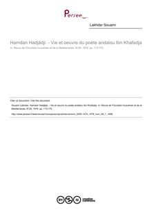Hamdan Hadjâdji. - Vie et oeuvre du poète andalou Ibn Khafadja  ; n°1 ; vol.26, pg 173-175