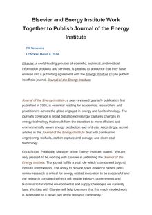 Elsevier and Energy Institute Work Together to Publish Journal of the Energy Institute