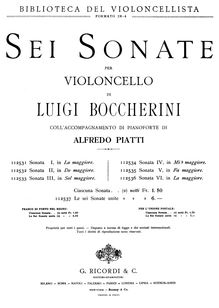 Partition de piano, violoncelle Sonata en A Major, Boccherini, Luigi
