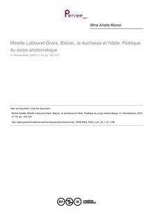 Mireille Labouret-Grare, Balzac, la duchesse et l idole. Poétique du corps aristocratique  ; n°119 ; vol.33, pg 102-103