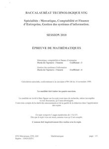 Mathématiques 2010 S.T.G (Comptabilité et Finance des Entreprises) Baccalauréat technologique