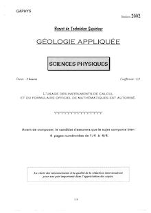 Sciences physiques 2002 BTS Géologie appliquée