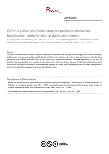 Gérer la justice distributive dans les politiques allocatives budgétaires : entre fonction et dysfonctionnement - article ; n°1 ; vol.19, pg 121-143