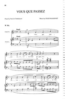 Partition complète (F Major: medium voix et piano), Vous qui passez