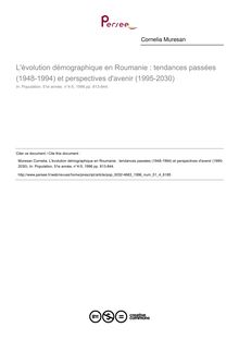 L évolution démographique en Roumanie : tendances passées (1948-1994) et perspectives d avenir (1995-2030) - article ; n°4 ; vol.51, pg 813-844