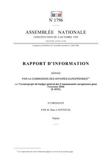 Rapport d information déposé par la Commission des affaires européennes, sur l avant-projet de budget général des Communautés européennes pour l exercice 2010 (E 4533)
