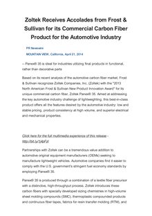 Zoltek Receives Accolades from Frost & Sullivan for its Commercial Carbon Fiber Product for the Automotive Industry