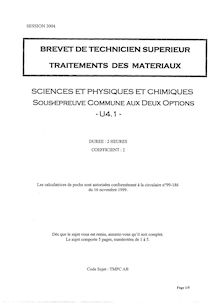 Sciences physiques et chimiques 2004 BTS Traitement des matériaux