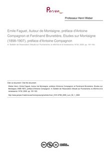 Emile Faguet, Autour de Montaigne, préface d Antoine Compagnon et Ferdinand Brunetière, Etudes sur Montaigne (1898-1907), préface d Antoine Compagnon  ; n°1 ; vol.50, pg 181-183