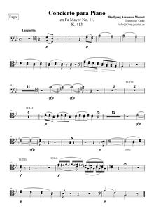 Partition basson 1/2, Piano Concerto No.11, F major, Mozart, Wolfgang Amadeus