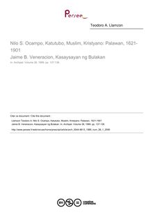 Nilo S. Ocampo, Katutubo, Muslim, Kristyano: Palawan, 1621-1901  Jaime B. Veneracion, Kasaysayan ng Bulakan  ; n°1 ; vol.38, pg 137-138