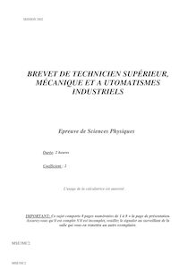 Sciences physiques 2002 BTS Mécanique et automatismes industriels