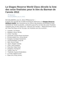 Le Diageo Reserve World Class dévoile la liste des seize finalistes pour le titre du Barman de l année 2012