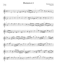 Partition ténor viole de gambe, octave aigu clef, Fantasia pour 3 violes de gambe par Nicholas Guy