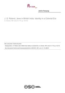 J. G. Roland, Jews in British India. Identity in a Colonial Era  ; n°119 ; vol.31, pg 142-143