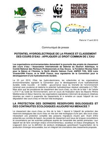 WWF - Potentiel hydroélectrique de la France et classement des cours d eau :  appliquer le droit commun de l eau
