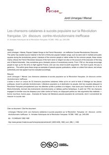 Les chansons catalanes à succès populaire sur la Révolution  française. Un  discours  contre-révolutionnaire inefficace - article ; n°1 ; vol.288, pg 245-256