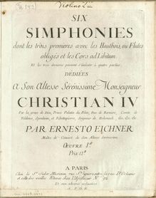Partition violons II, 6 Symphonies, Op.1, 6 simphonies dont les 3 premieres avec les hautbois, ou flutes obligés et les cors ad libitum: Et les 3 dernieres peuvent s’éxécuter à 4 parties, Oeuvre Ier.