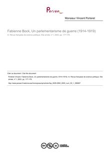 Fabienne Bock, Un parlementarisme de guerre (1914-1919)  ; n°1 ; vol.53, pg 177-178