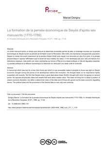 La formation de la pensée économique de Sieyès d après ses manuscrits (1770-1789) - article ; n°1 ; vol.271, pg 17-34