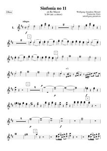 Partition hautbois 1/2, Symphony No.11, D major, Mozart, Wolfgang Amadeus