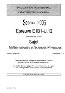 Mathématiques et sciences physiques 2006 Bac Pro - Traitements de surfaces
