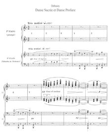Partition complète, Danse Sacrée et Danse Profane, Deux Danses pour Harpe (ou Harpe chromatique ou piano) avec accompagnement d orchestre d instruments à cordes par Claude Debussy